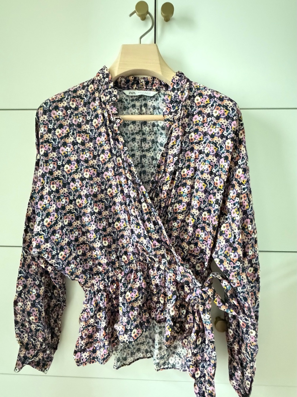 Zara Floral Wrap Blouse in Black with Pink & Yellow Flowers